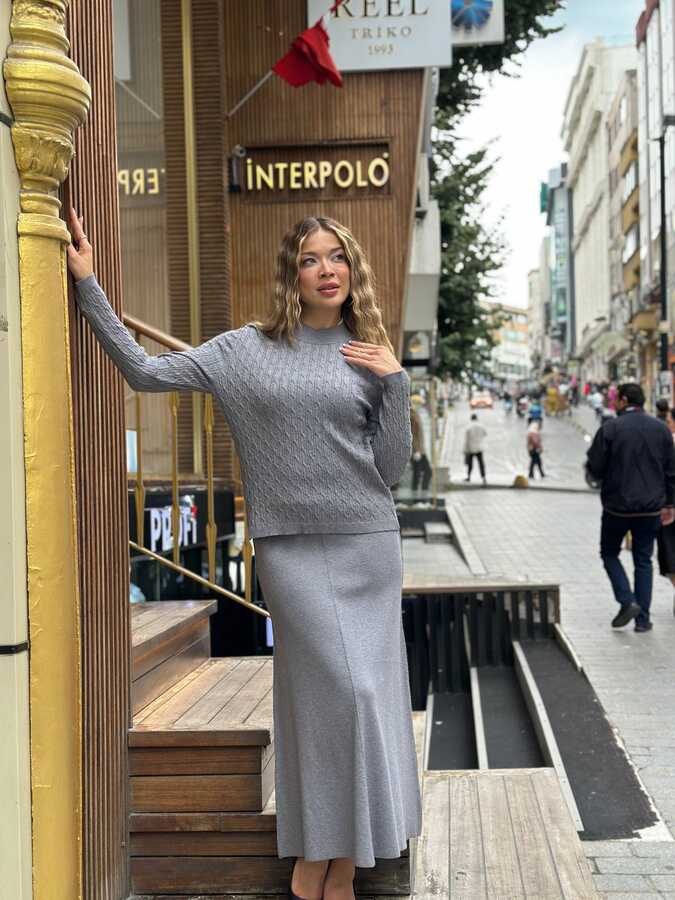 Toptan Kadın Triko Etek Simli Gri - 32247 | REEL TRİKO