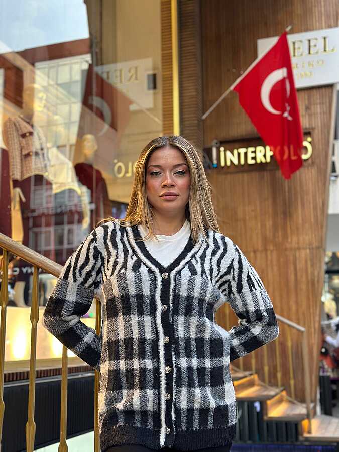 Toptan Kadın Triko Hırka Angora Ekru Siyah - 30587 | REEL TRİKO