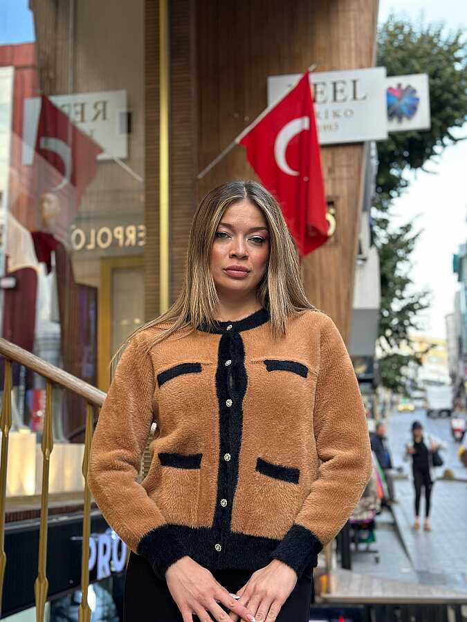 Toptan Kadın Triko Hırka Angora Kahve - 30094 | REEL TRİKO