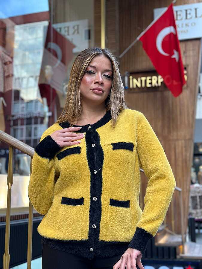 Toptan Kadın Triko Hırka Angora Sarı - 30094 | REEL TRİKO