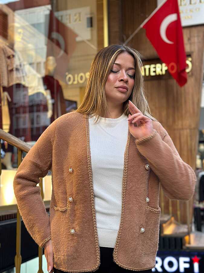 Toptan Kadın Triko Hırka Angora Vizon - 30799 | REEL TRİKO