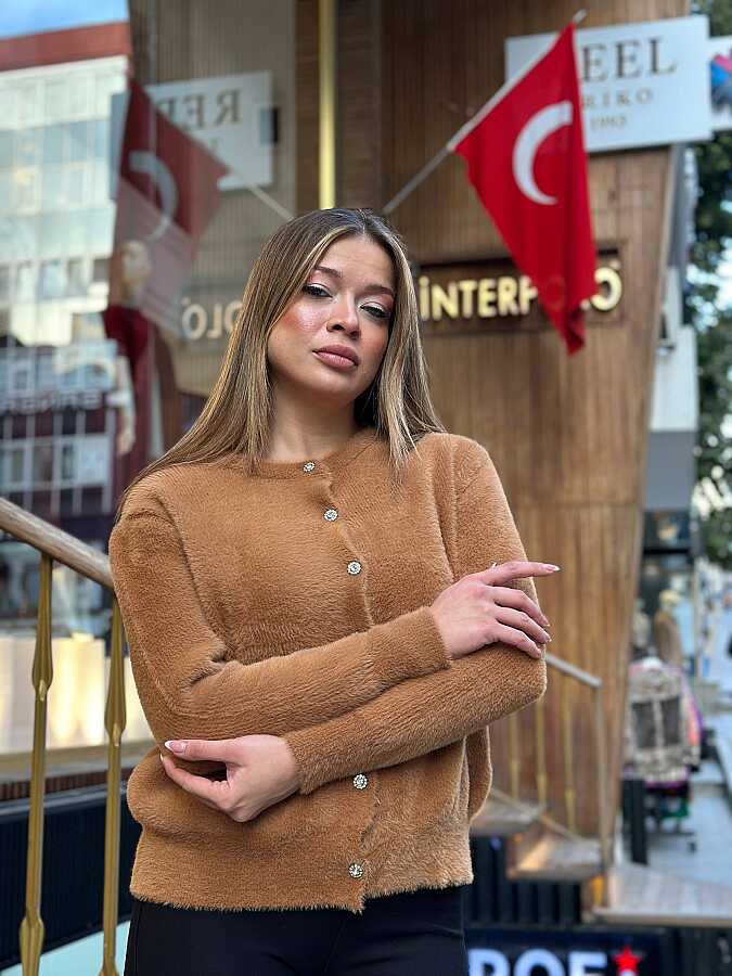 Toptan Kadın Triko Hırka Basic Kahve - 19099 | REEL TRİKO