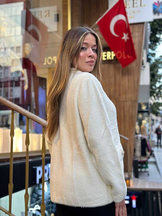 Toptan Kadın Triko Hırka Cep Detaylı Ekru - 30756 | REEL TRİKO - 4