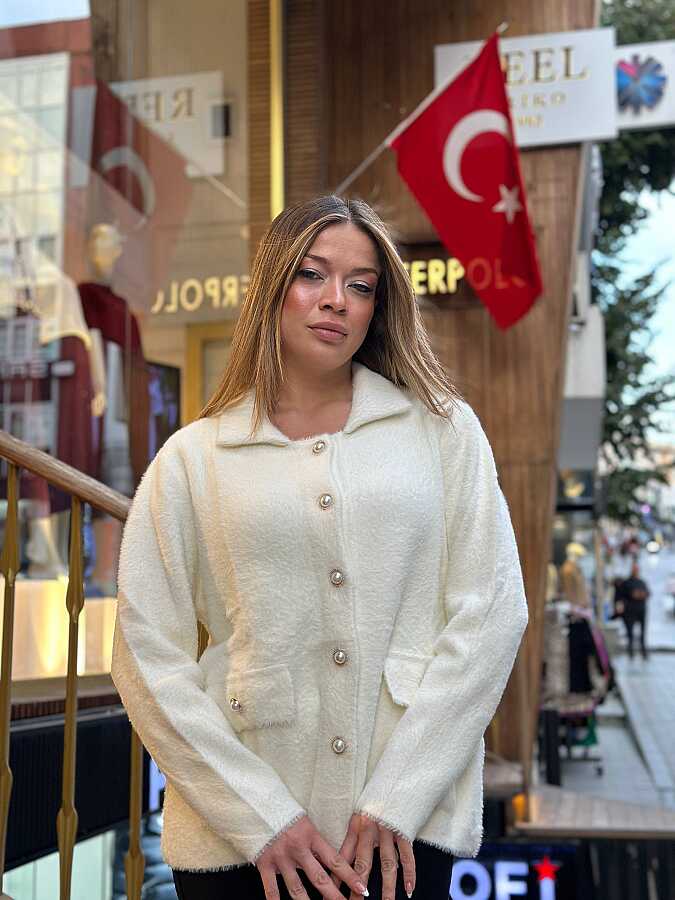 Toptan Kadın Triko Hırka Cep Detaylı Ekru - 30756 | REEL TRİKO