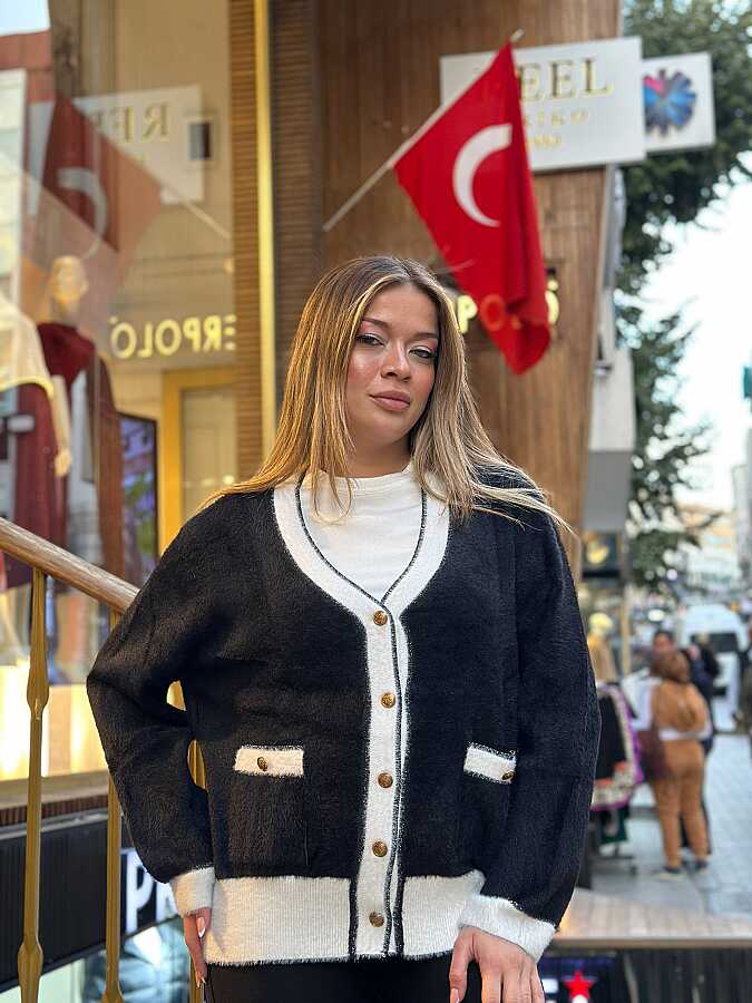 Toptan Kadın Triko Hırka Cep Detaylı Siyah Ekru - 30627 | REEL TRİKO