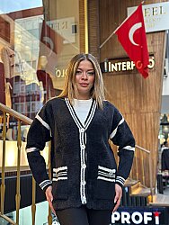 Toptan Kadın Triko Hırka Cepli Siyah Beyaz - 30784 | REEL TRİKO - 1