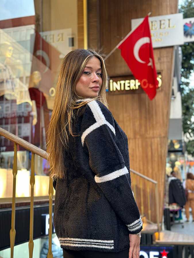 Toptan Kadın Triko Hırka Cepli Siyah Beyaz - 30784 | REEL TRİKO - 5