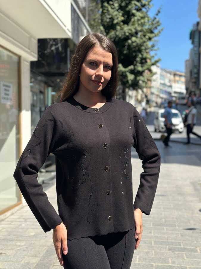 Reel Triko - Toptan Kadın Triko Hırka Düğme Detaylı Siyah - 32402 | REEL TRİKO