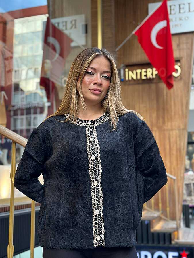 Toptan Kadın Triko Hırka Düğme Detaylı Siyah - 30183 | REEL TRİKO - 1