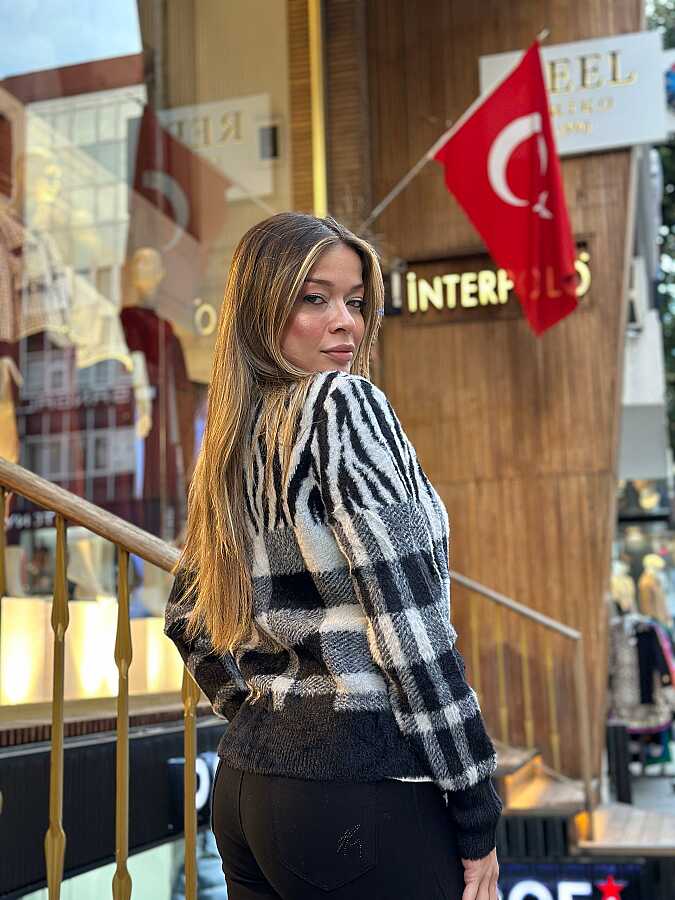 Toptan Kadın Triko Hırka Ekoseli Siyah Ekru - 30586 | REEL TRİKO - 4