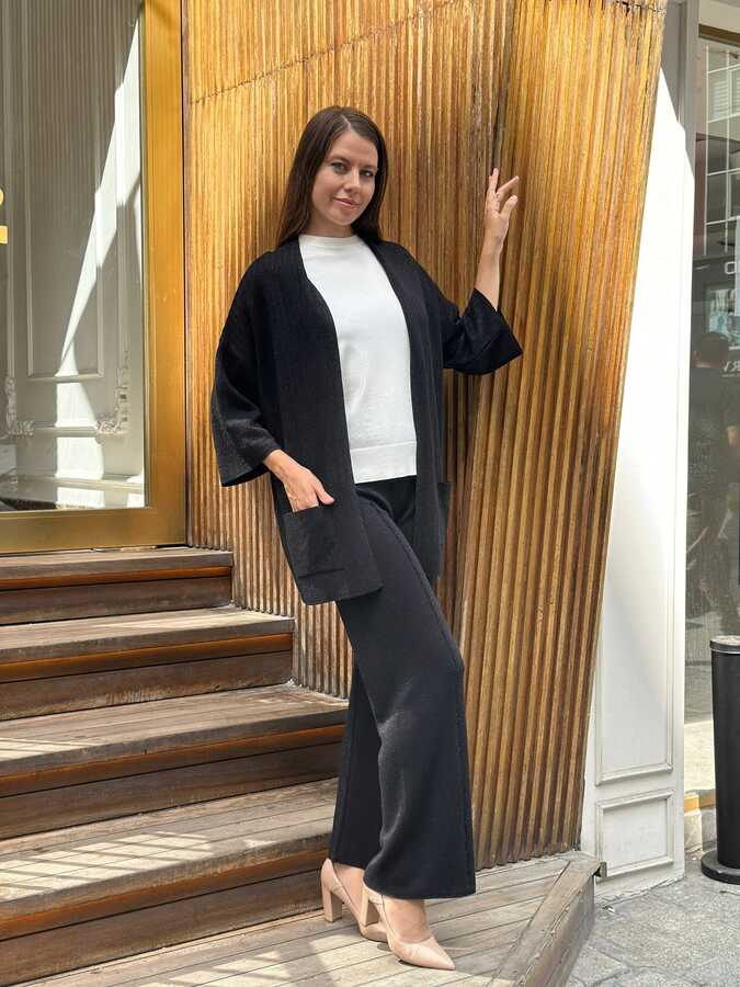 Reel Triko - Toptan Kadın Triko Hırka İki Cepli Siyah - 32864 | REEL TRİKO