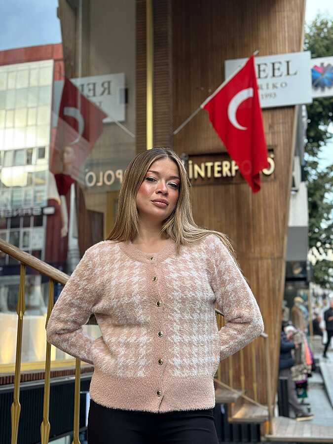 Toptan Kadın Triko Hırka Pudra - 30128 | REEL TRİKO
