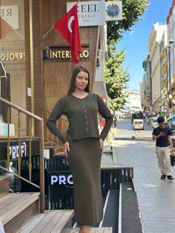 Reel Triko - Toptan Kadın Triko Hırka Sim Geçişli Haki - 32919 | REEL TRİKO