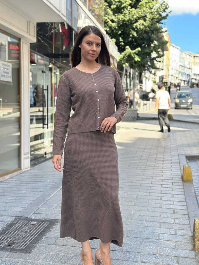 Reel Triko - Toptan Kadın Triko Hırka Sim Geçişli Vizon - 32919 | REEL TRİKO