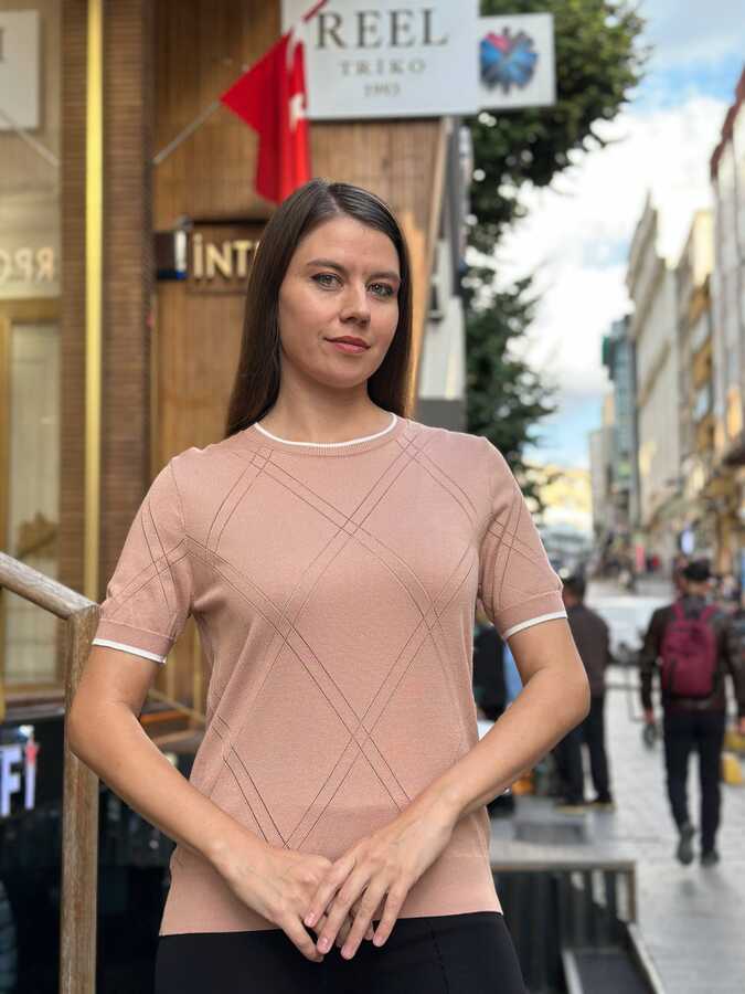 Reel Triko - Toptan Kadın Triko Kazak Bisiklet Yaka Pudra Ekru - 32097 | REEL TRİKO