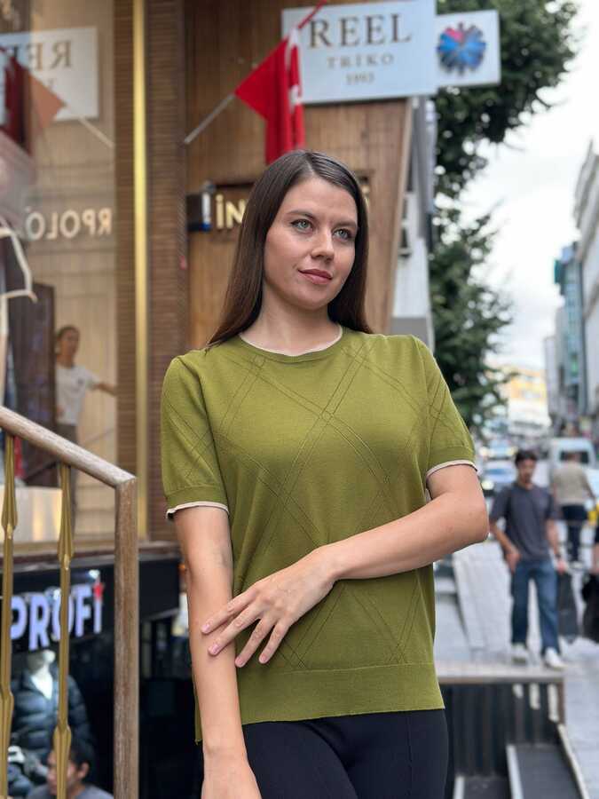 Reel Triko - Toptan Kadın Triko Kazak Bisiklet Yaka Yeşil Ekru - 32097 | REEL TRİKO