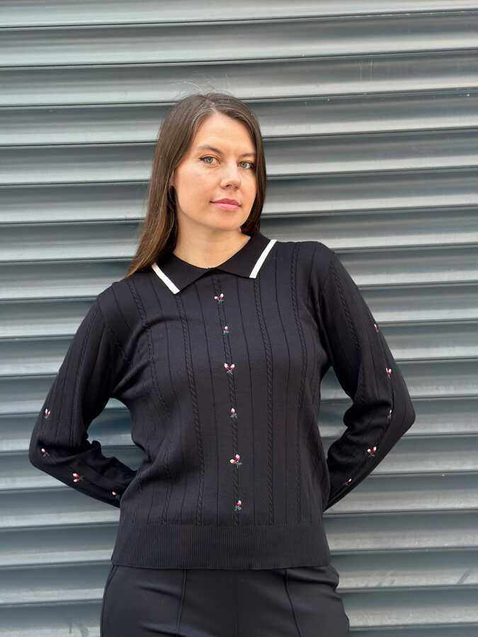Reel Triko - Toptan Kadın Triko Kazak Çiçek İşlemeli Siyah - 32180 | REEL TRİKO 1993