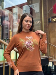 Toptan Kadın Triko Kazak Dik Yaka Taba - 32088 | REEL TRİKO - Thumbnail