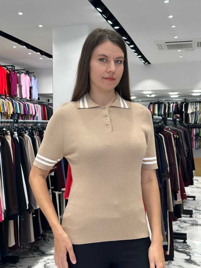Reel Triko - Toptan Kadın Triko Kazak Düğme Detaylı Bej - 31967 | REEL TRİKO