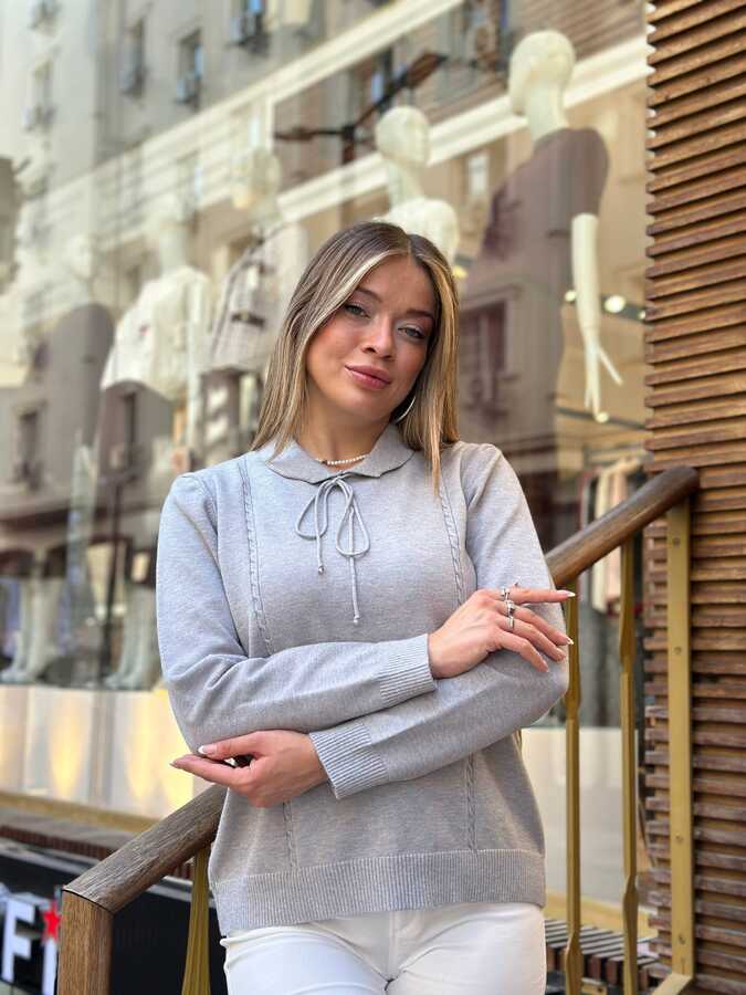 Reel Triko - Toptan Kadın Triko Kazak İp Detaylı Gri - 32952 | REEL TRİKO