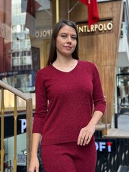 Toptan Kadın Triko Kazak Kısa Kol Bordo - 31515 | REEL TRİKO - Thumbnail