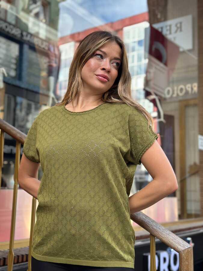 Reel Triko - Toptan Kadın Triko Kazak Kısa Kol Yeşil - 32868 | REEL TRİKO