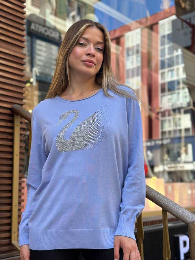 Reel Triko - Toptan Kadın Triko Kazak Kuğu Taş İşlemeli Mavi - 32142 | REEL TRİKO