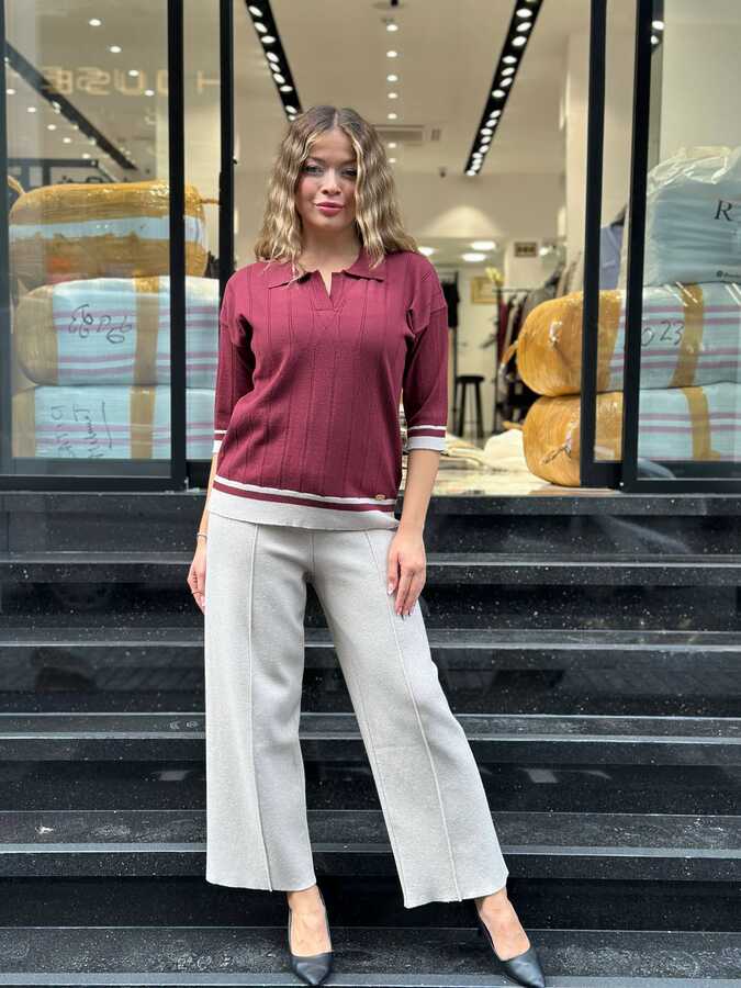 Reel Triko - Toptan Kadın Triko Kazak Polo Yaka Bordo - 32897 | REEL TRİKO