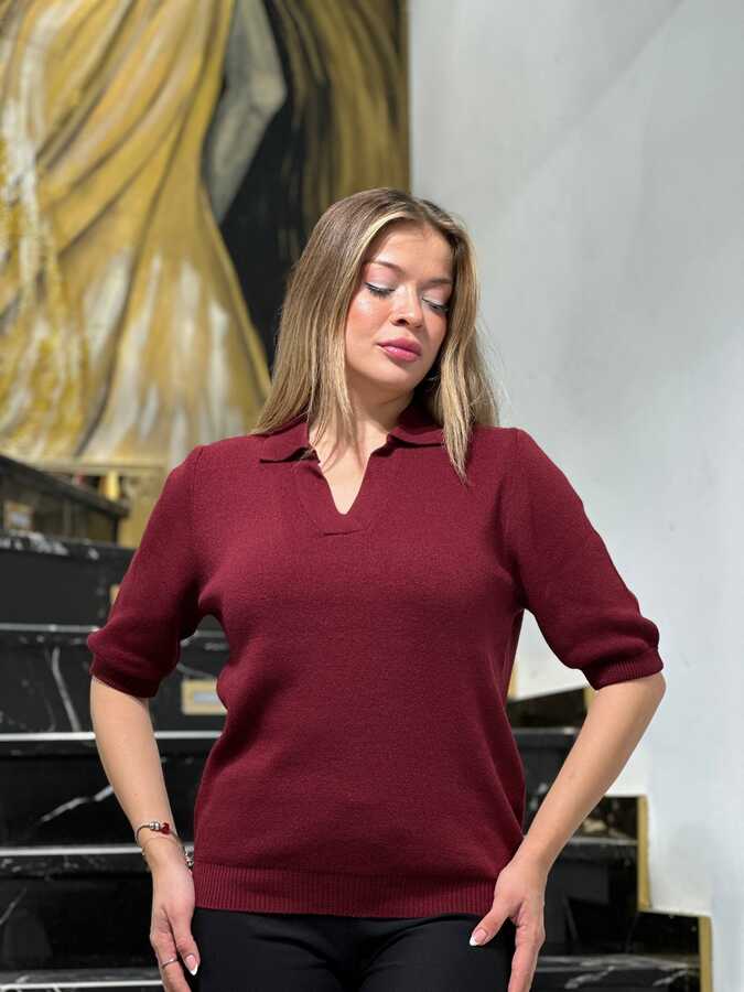 Reel Triko - Toptan Kadın Triko Kazak Polo Yaka Bordo - 32905 | REEL TRİKO