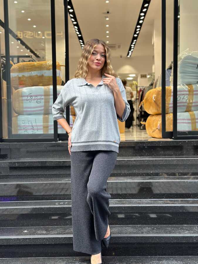Reel Triko - Toptan Kadın Triko Kazak Polo Yaka Gri - 32897 | REEL TRİKO