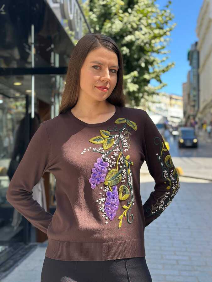Reel Triko - Toptan Kadın Triko Kazak Renkli Desenli Kahve - 32253 | REEL TRİKO