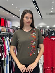 Toptan Kadın Triko Kazak Renkli İşlemeli Haki - 32178| REEL TRİKO - Thumbnail