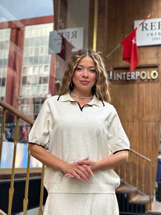 Toptan Kadın Triko Kazak Sim Geçişli Ekru - 32646 | REEL TRİKO 1993 - 2
