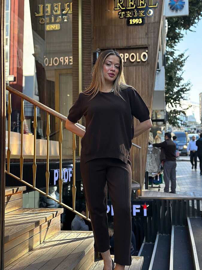 Toptan Kadın Triko Kazak Simli Acı Kahve - 33015 | REEL TRİKO