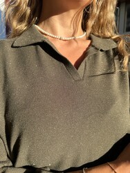 Toptan Kadın Triko Kazak Simli Haki - 32060 | REEL TRİKO - Thumbnail