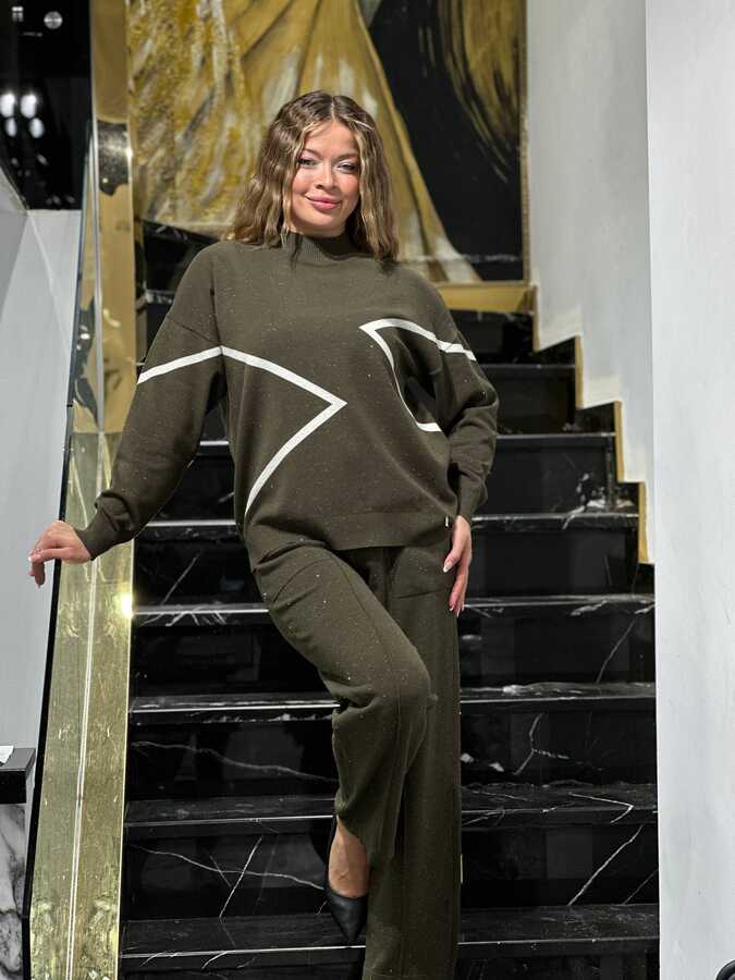 Reel Triko - Toptan Kadın Triko Kazak Simli Haki - 32909 | REEL TRİKO