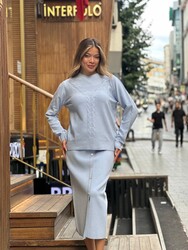 Toptan Kadın Triko Kazak Simli Mavi - 32895 | REEL TRİKO - Thumbnail