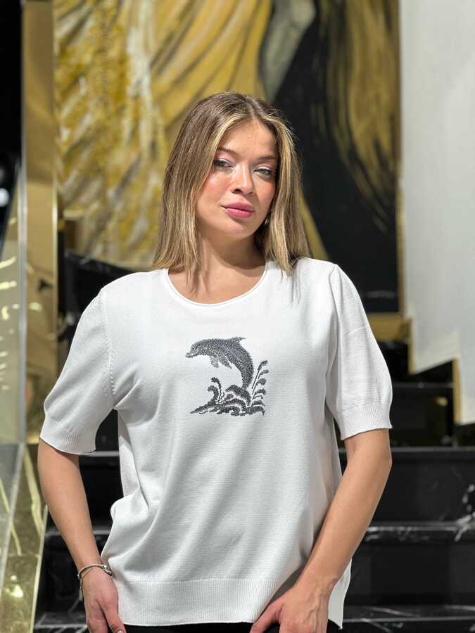 Toptan Kadın Triko Kazak Taş İşlemeli Ekru - 32978 | REEL TRİKO