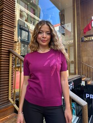 Toptan Kadın Triko Kazak Taş İşlemeli Fuşya - 32901 | REEL TRİKO - Thumbnail