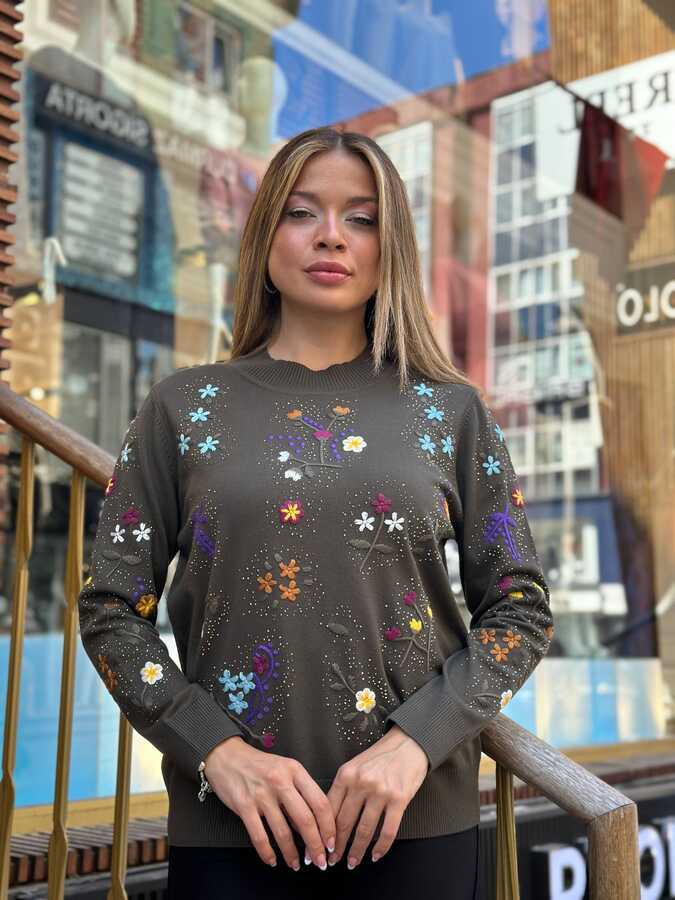 Reel Triko - Toptan Kadın Triko Kazak Taş İşlemeli Nefti - 32168 | REEL TRİKO