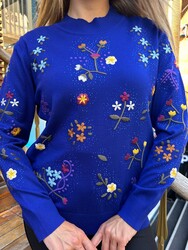 Toptan Kadın Triko Kazak Taş İşlemeli Saks - 32168 | REEL TRİKO - Thumbnail