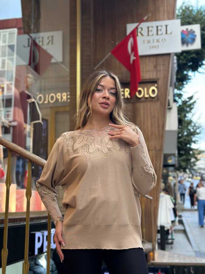 Reel Triko - Toptan Kadın Triko Kazak Tül Detaylı Bej - 31227 | REEL TRİKO