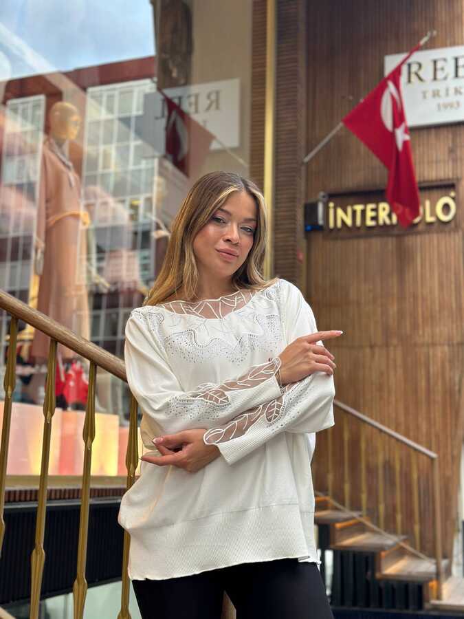 Reel Triko - Toptan Kadın Triko Kazak Tül Detaylı Ekru - 31227 | REEL TRİKO