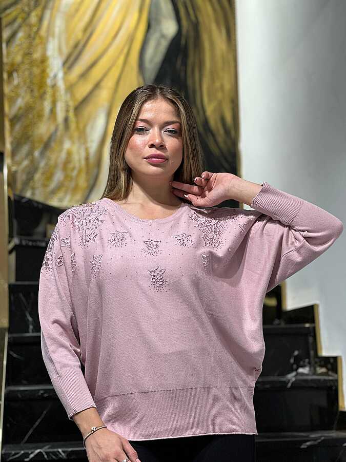 Toptan Kadın Triko Kazak Tül Detaylı Pudra - 33022 | REEL TRİKO