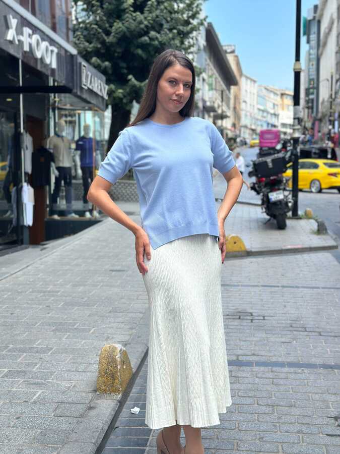 Reel Triko - Toptan Kadın Triko Kısa Kol Mavi - 32406 | REEL TRİKO
