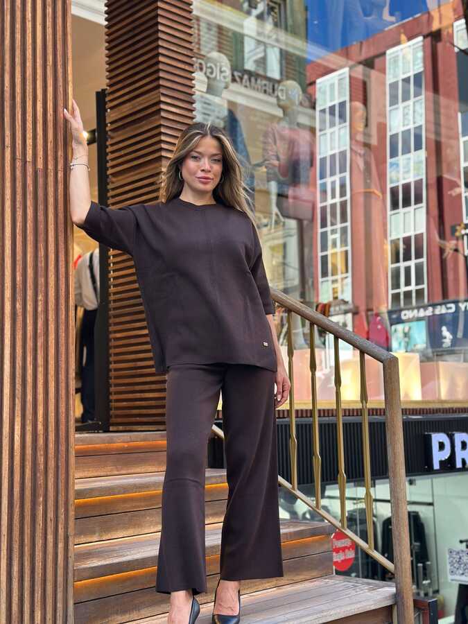 Reel Triko - Toptan Kadın Triko Pantolon Basic Kahve - 32884 | REEL TRİKO