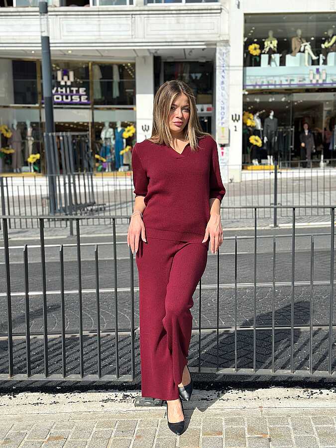 Toptan Kadın Triko Pantolon Mürdüm - 32938 | REEL TRİKO