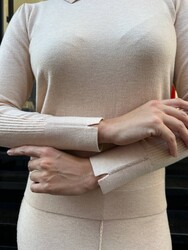 Pull polo en maille beige clair pour femme, col polo, vente en gros - 32202 | REEL TRİKO - Thumbnail
