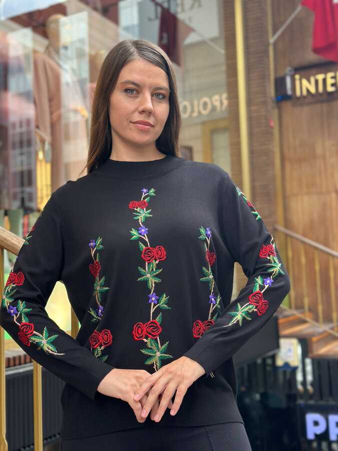 Reel Triko - Wholesale Women's Knit Sweater Floral Embroidery Black - 16285 | REEL TRİKO