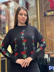 Wholesale Women's Knit Sweater Floral Embroidery Black - 16285 | REEL TRİKO - Thumbnail